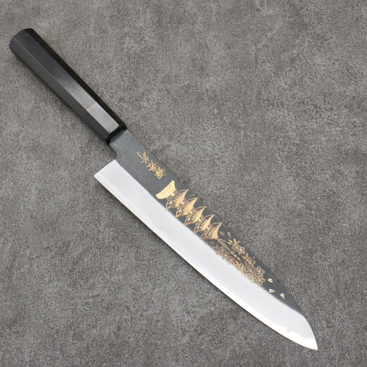 Takayuki Sakai Kubota gold sculpture Five-storied pagoda White steel black finish Gyuto knife 240MM Ebony handle 堺 孝行 窪田金彫刻 五重塔 白ニ鋼 黒仕上げ 牛刀包丁 240MM 黒檀柄 Free ship - Thương hiệu Sakai Takayuki Kubota điêu khắc vàng Chùa Năm tầng thép trắng sơn đen dao Gyuto 240mm tay cầm gỗ Mun