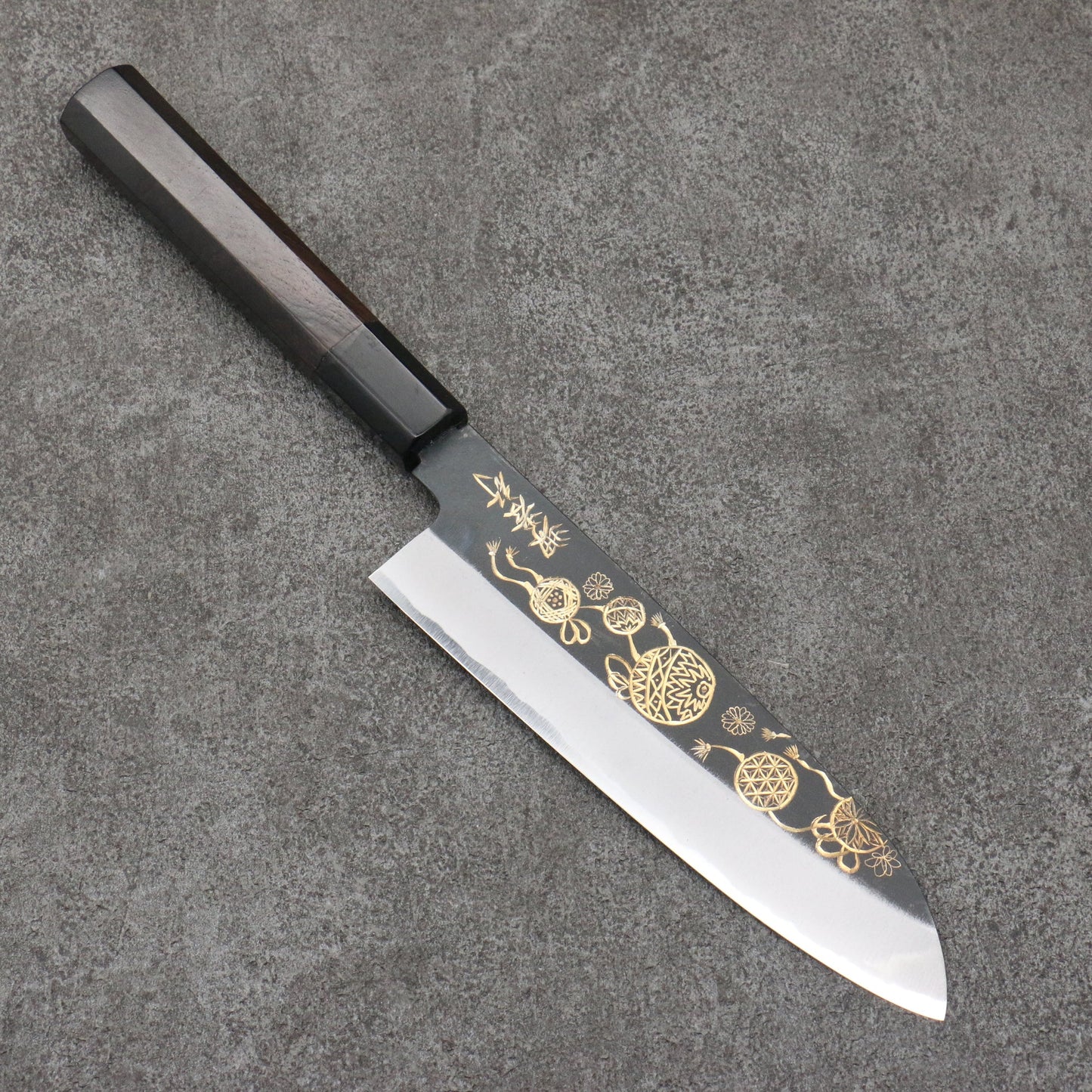 Takayuki Sakai Kubota gold carving Temari white steel black finish Santoku knife 180MM Ebony pattern 堺 孝行 窪田金彫刻 手鞠 白ニ鋼 黒仕上げ 三徳包丁 180MM 黒檀柄 Free ship - Thương hiệu Sakai Takayuki Kubota chạm khắc vàng Temari thép trắng đen Dao đa năng Santoku 180mm chuôi dao hoa văn gỗ Mun