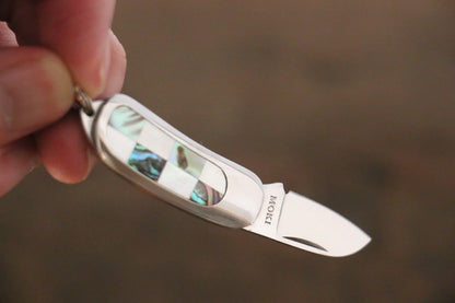 MOKI MINI PENDANT POCKET KNIFE W/ CHECKERED WHITE MOTHER OF PEARL AND ABALONE Free ship - Thương hiệu Moki Knife AUS6 Dao gập chuôi dao ngọc trai trắng và bào ngư Có kèm bao 28mm