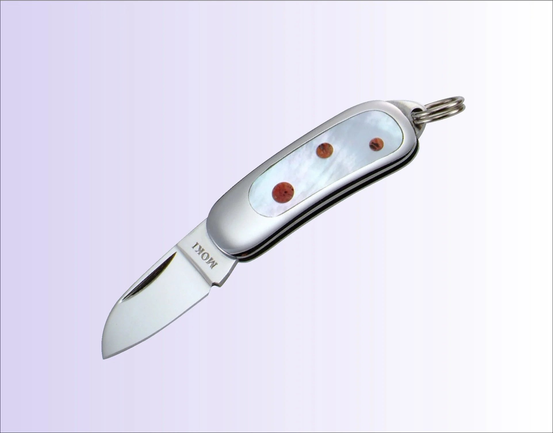 MOKI MINI PENDANT POCKET KNIFE W/ WHITE MOTHER OF PEARL AND APPLE CORAL Free ship - Thương hiệu Moki Knife dao gập chuôi dao ngọc trai trắng và san hô có kèm bao 28mm