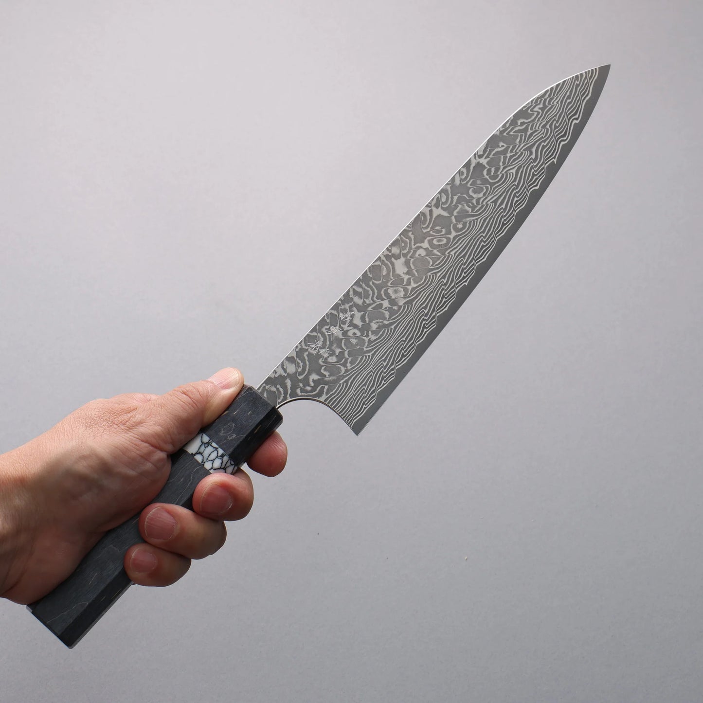 Thương hiệu Yoshimi Kato SG2 Thép Damascus Đen hoàn thiện Dao đa năng Gyuto 210mm chuôi dao gỗ ổn định màu xám (vòng màu trắng ngọc lam)