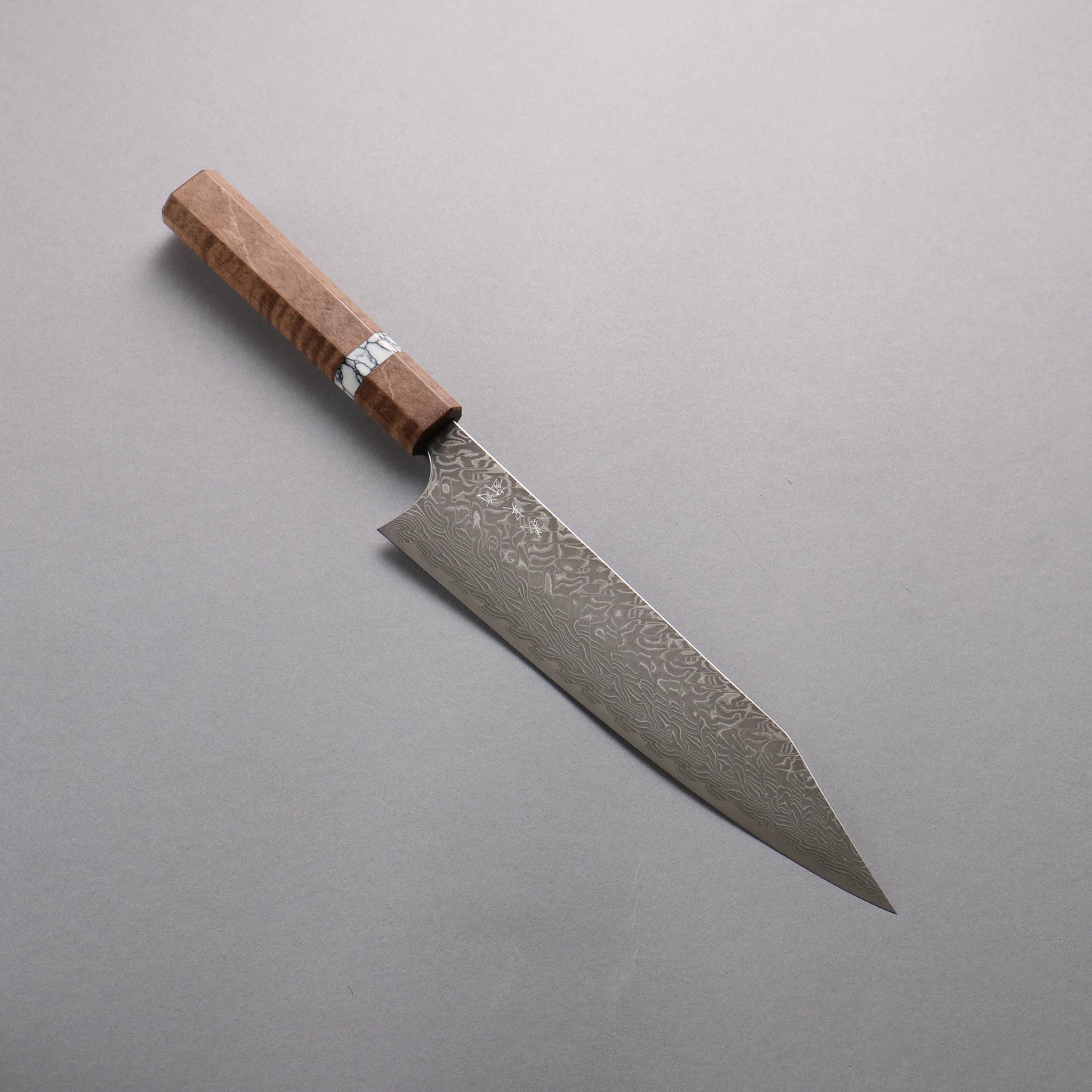 Thương hiệu Yoshimi Kato SG2 Thép Damascus đen Dao đa năng Kiritsuke Gyuto 210mm chuôi dao gỗ ổn định màu nâu (vòng ngọc lam trắng)