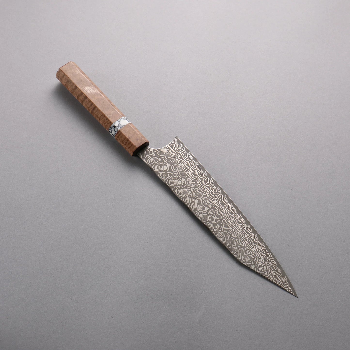 Thương hiệu Yoshimi Kato SG2 Thép Damascus đen Dao đa năng Kiritsuke Gyuto 210mm chuôi dao gỗ ổn định màu nâu (vòng ngọc lam trắng)