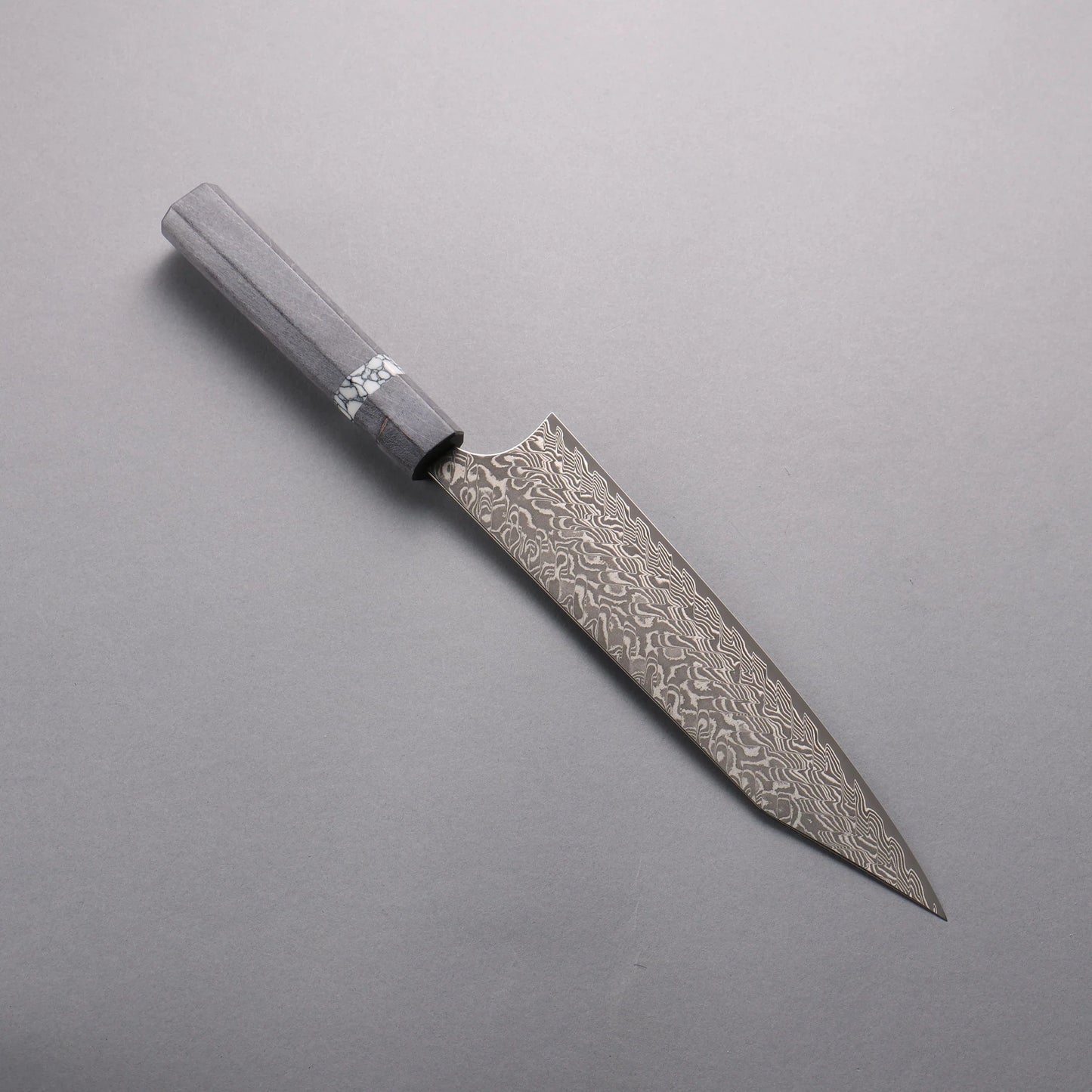 Thương hiệu Yoshimi Kato SG2 Thép Damascus đen Dao đa năng Kiritsuke Gyuto 210mm chuôi dao gỗ ổn định màu xám (vòng ngọc lam trắng)