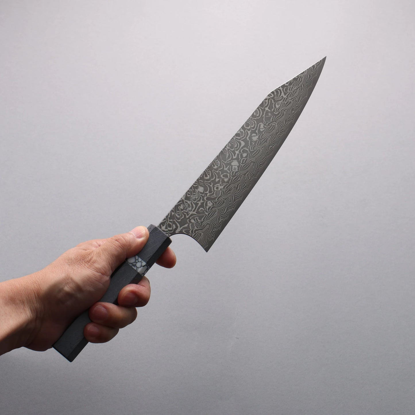 Thương hiệu Yoshimi Kato SG2 Thép Damascus đen Dao đa năng Kiritsuke Gyuto 210mm chuôi dao gỗ ổn định màu xám (vòng ngọc lam trắng)