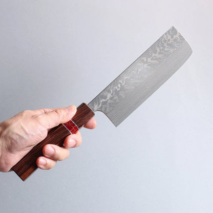 Thương hiệu Yoshimi Kato SG2 Thép Damascus đen Dao thái rau chuyên dụng Nakiri 165mm chuôi dao gỗ hồng sắc (vòng ngọc lam đỏ)