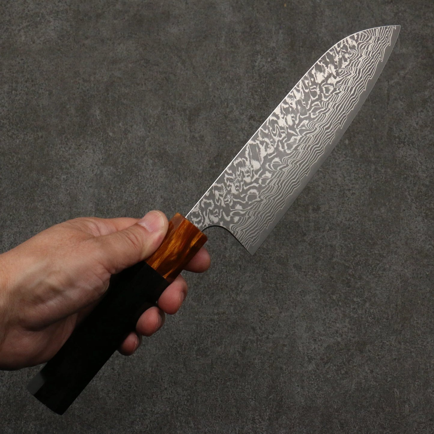 Thương hiệu Yoshimi Kato SG2 Thép Damascus đen Dao đa năng Santoku 170mm chuôi dao gỗ mun (bọc: nhựa màu cam)