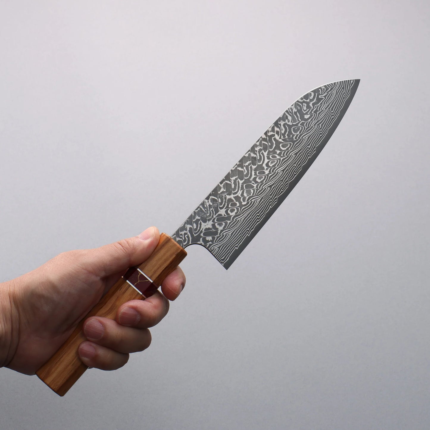 Thương hiệu Yoshimi Kato SG2 Thép Damascus đen Dao đa năng Santoku 170mm chuôi dao gỗ  ô liu (vòng ngọc lam màu đỏ)