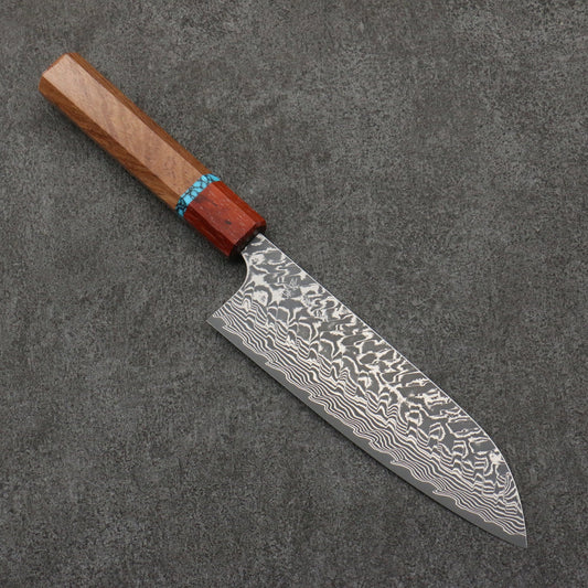 Thương hiệu Yoshimi Kato thép SG2 màu đen Damascus Dao Santoku 170MM chuôi dao gỗ hồng sắc (có vòng màu ngọc lam)