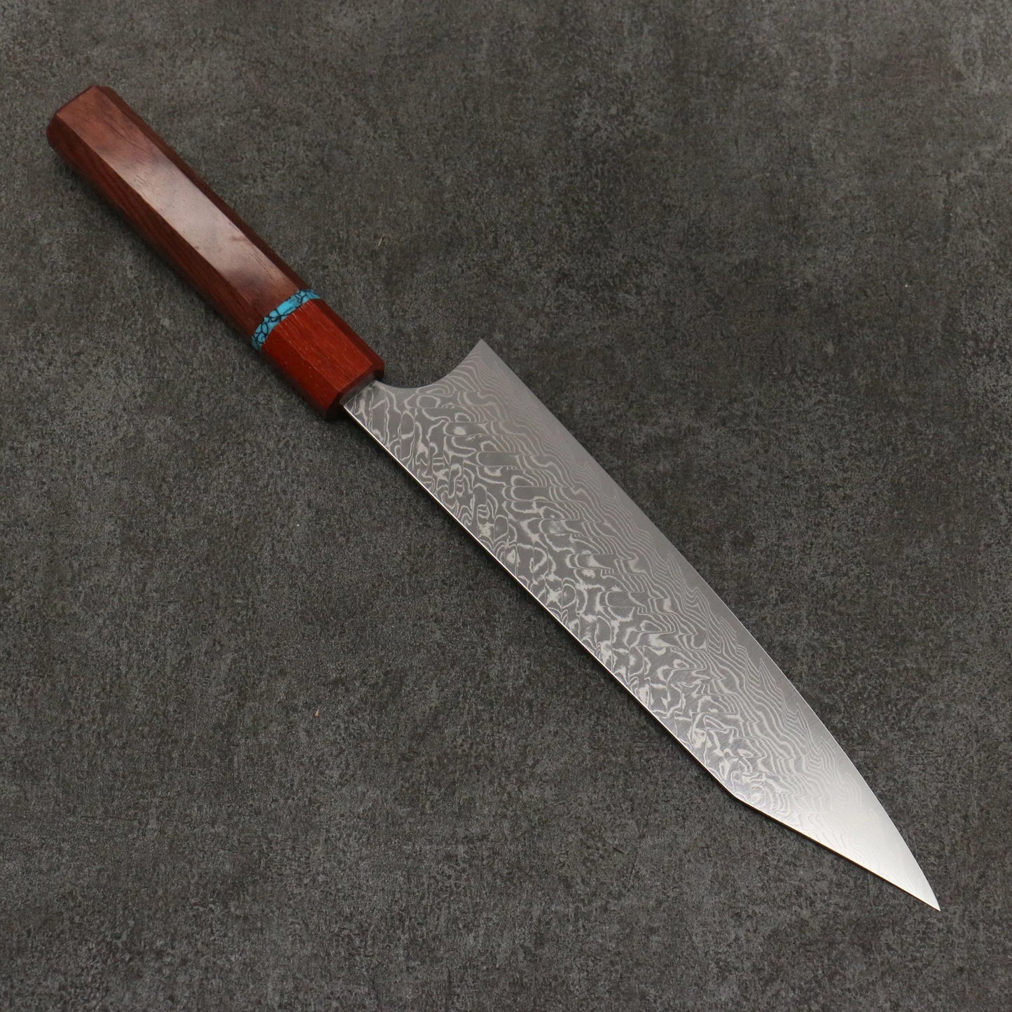 Thương hiệu Yoshimi Kato SG2 Thép Damascus đánh nhẵn bóng hoàn thiện Dao đa năng Gyuto 210mm chuôi dao gỗ hồng sắc (có vòng màu ngọc lam)