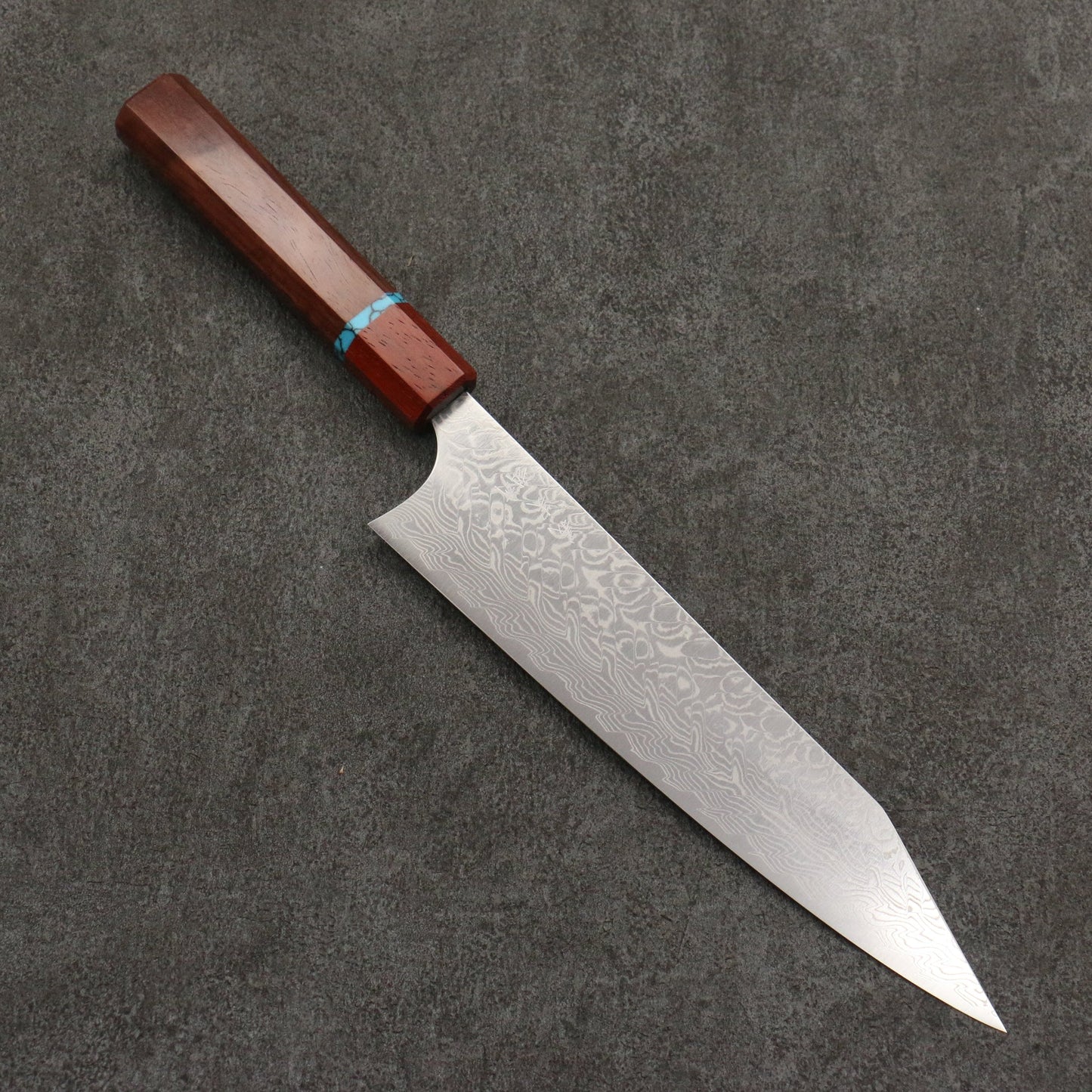 Thương hiệu Yoshimi Kato SG2 Thép Damascus đánh nhẵn bóng hoàn thiện Dao đa năng Gyuto 210mm chuôi dao gỗ hồng sắc (có vòng màu ngọc lam)