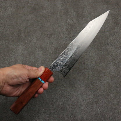 Thương hiệu Yoshimi Kato SG2 Thép Damascus đánh nhẵn bóng hoàn thiện Dao đa năng Gyuto 210mm chuôi dao gỗ hồng sắc (có vòng màu ngọc lam)