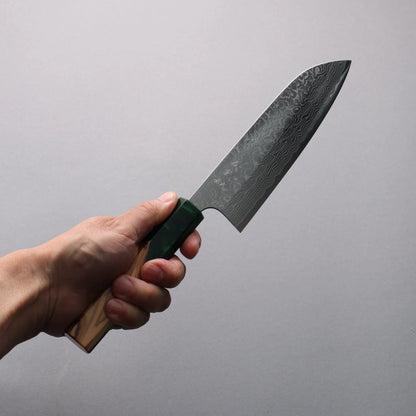 Thương hiệu Yoshimi Kato SG2 Thép Damascus đánh bóng hoàn thiện Dao đa năng Santoku 170mm chuôi dao nhựa ô liu và màu xanh lá cây