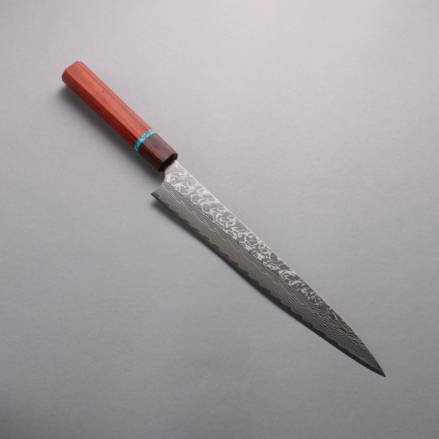 Thương hiệu Yoshimi Kato SG2 Thép Damascus dao đánh nhẵn bóng hoàn thiện Dao lọc gân chuyên dụng Sujihiki 270mm chuôi dao gỗ paddock (có vòng màu ngọc lam)