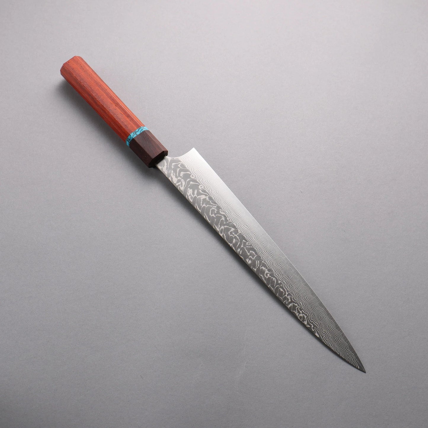 Thương hiệu Yoshimi Kato SG2 Thép Damascus dao đánh nhẵn bóng hoàn thiện Dao lọc gân chuyên dụng Sujihiki 270mm chuôi dao gỗ paddock (có vòng màu ngọc lam)