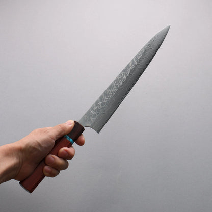 Thương hiệu Yoshimi Kato SG2 Thép Damascus dao đánh nhẵn bóng hoàn thiện Dao lọc gân chuyên dụng Sujihiki 270mm chuôi dao gỗ paddock (có vòng màu ngọc lam)