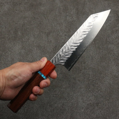 Thương hiệu Yoshimi Kato thép SPG STRIX vân búa Dao đa năng Bunka 170mm chuôi dao gỗ hồng sắc (có vòng màu ngọc lam)