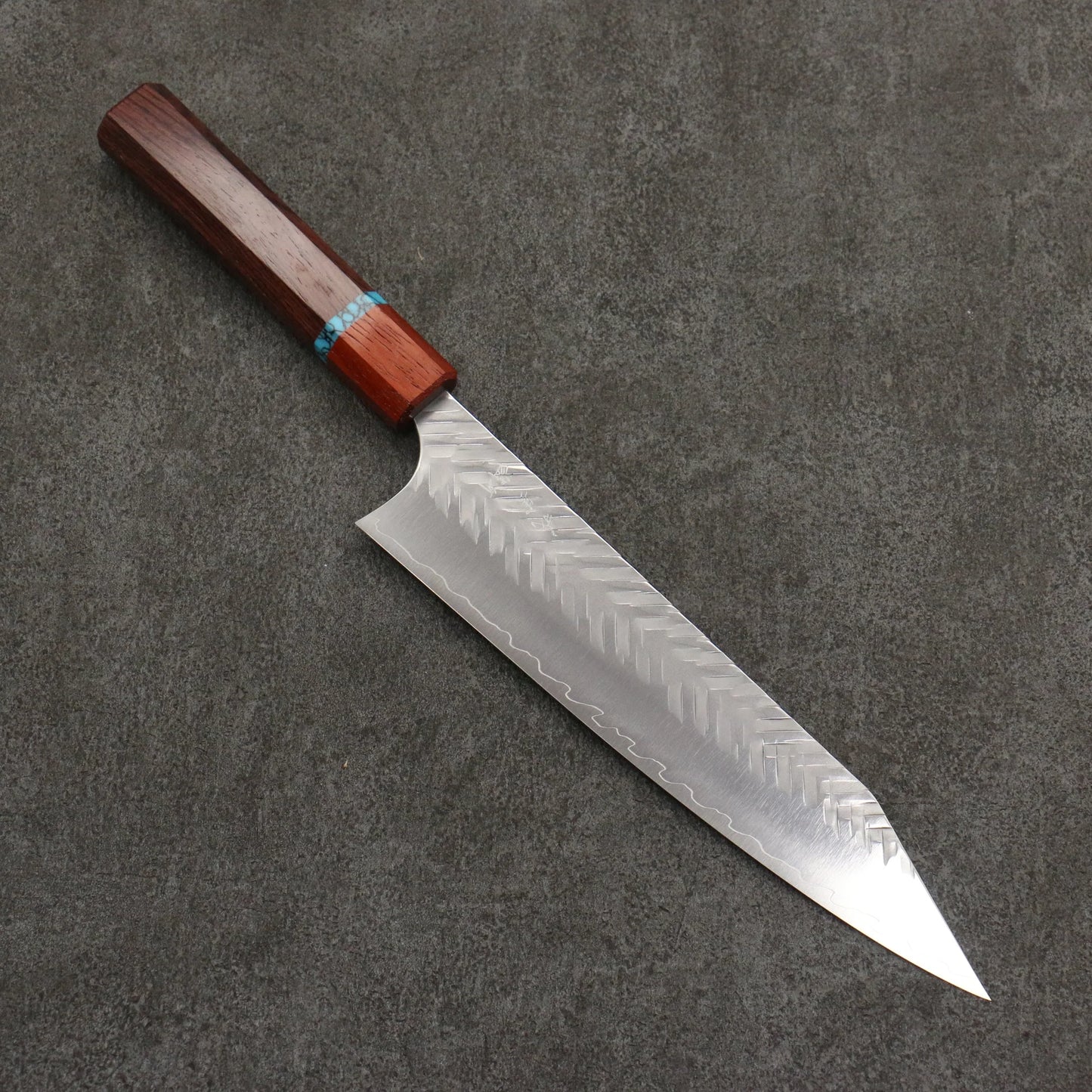 Thương hiệu Yoshimi Kato thép SPG STRIX vân búa (V) Dao đa năng Kiritsuke Gyuto 210mm chuôi dao gỗ hồng sắc (có vòng màu ngọc lam)