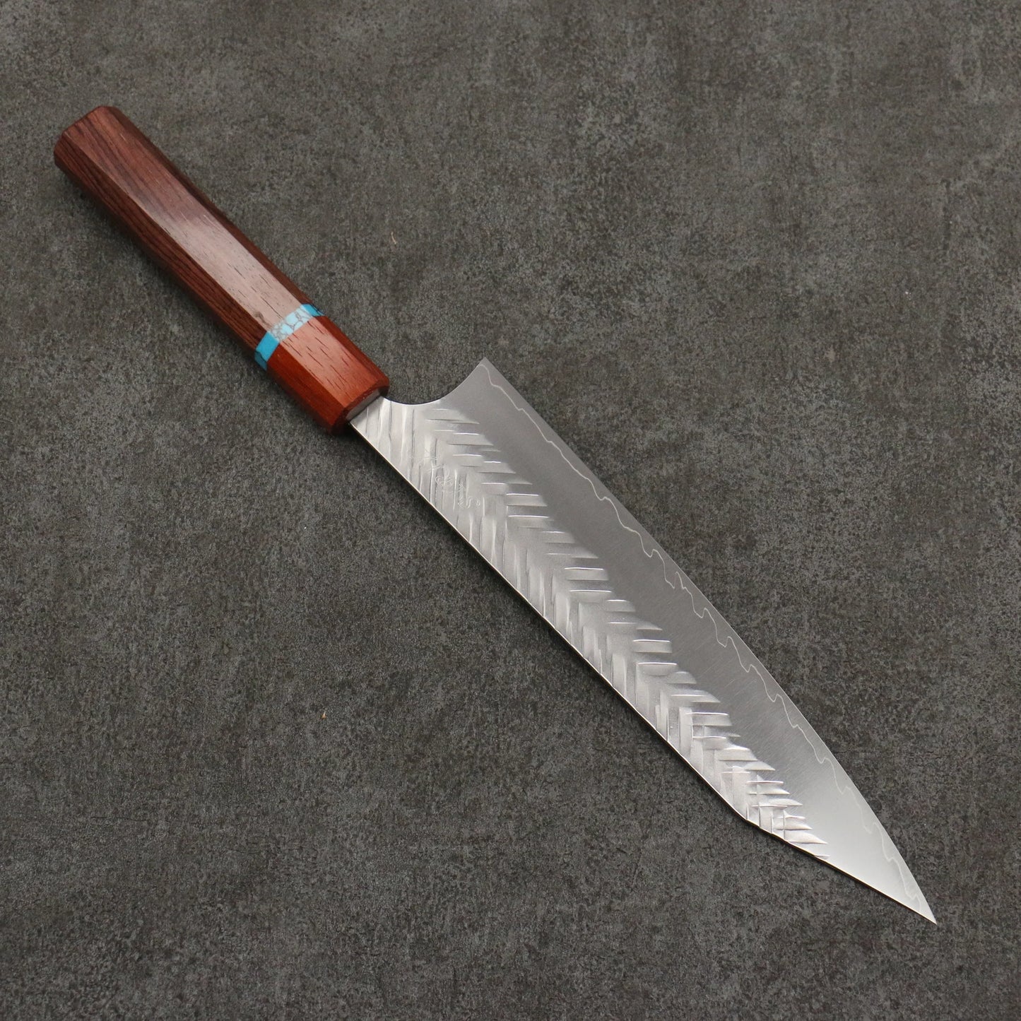 Thương hiệu Yoshimi Kato thép SPG STRIX vân búa (V) Dao đa năng Kiritsuke Gyuto 210mm chuôi dao gỗ hồng sắc (có vòng màu ngọc lam)