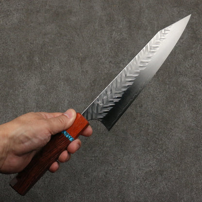 Thương hiệu Yoshimi Kato thép SPG STRIX vân búa (V) Dao đa năng Kiritsuke Gyuto 210mm chuôi dao gỗ hồng sắc (có vòng màu ngọc lam)