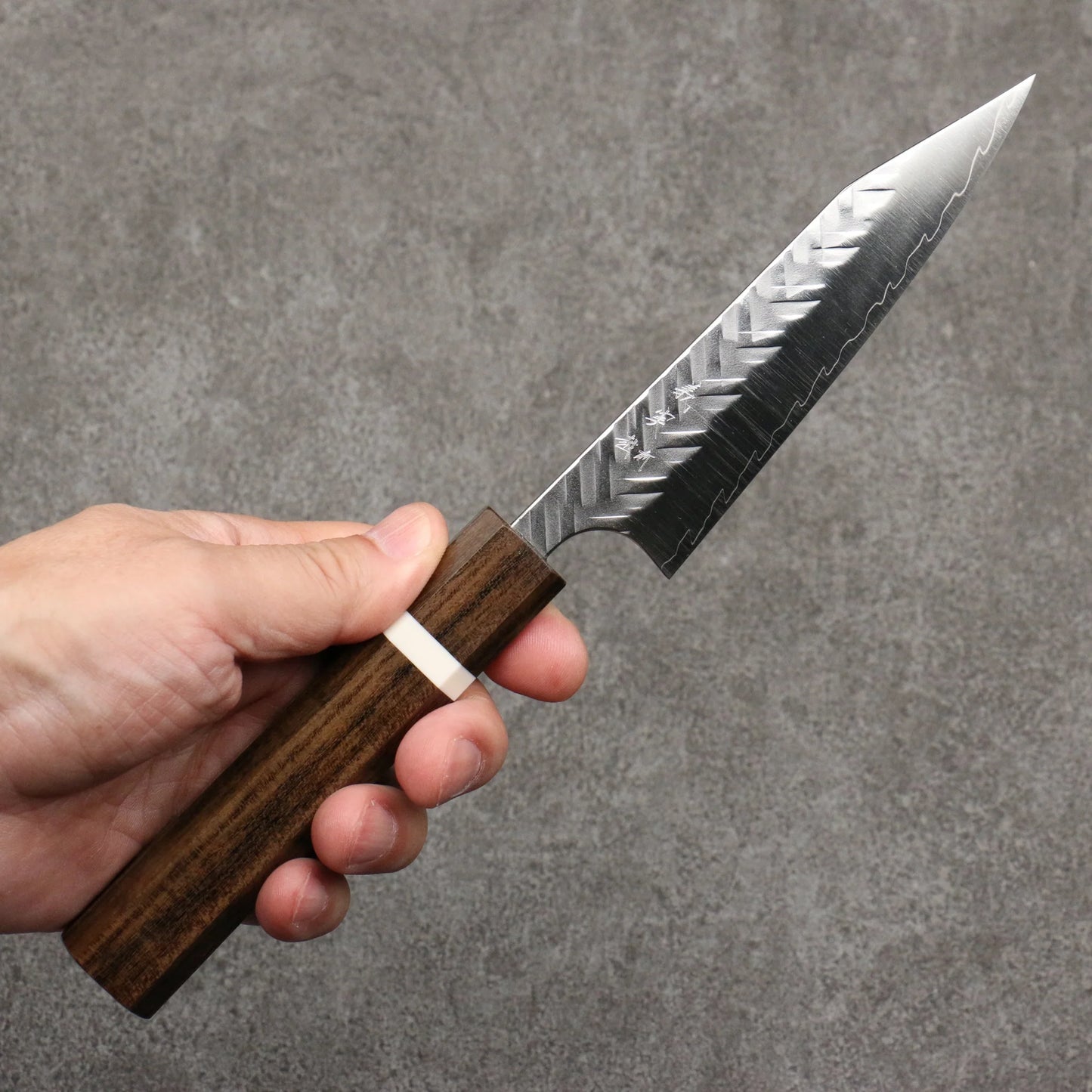 Thương hiệu Yoshimi Kato thép SPG STRIX vân búa (V) Dao nhỏ Kiritsuke Petty 120mm chuôi dao gỗ tần bì (vòng trắng)