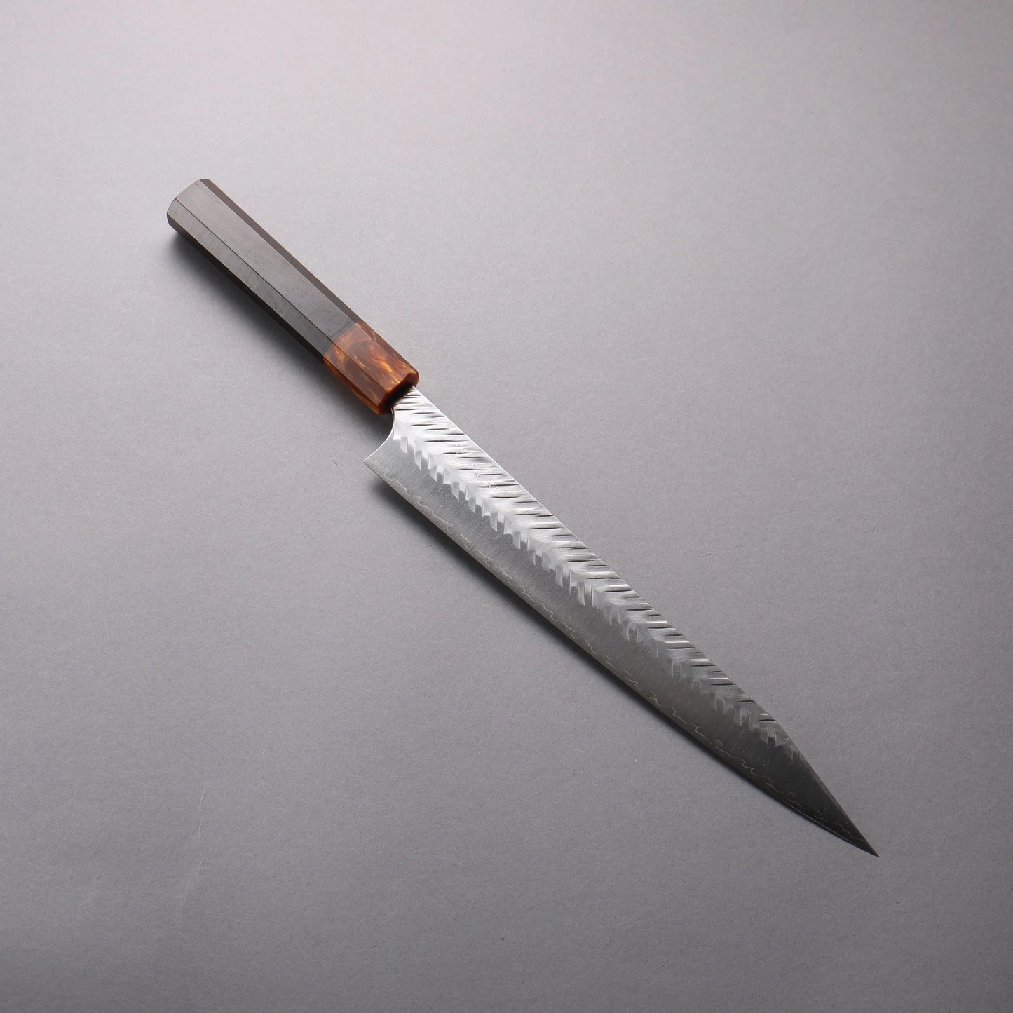 Thương hiệu Yoshimi Kato SPG STRIX Hammered (V) vân búa Dao cắt Kiritsuke Sujihiki 270mm chuôi dao gỗ mun (bọc: Nhựa màu cam)