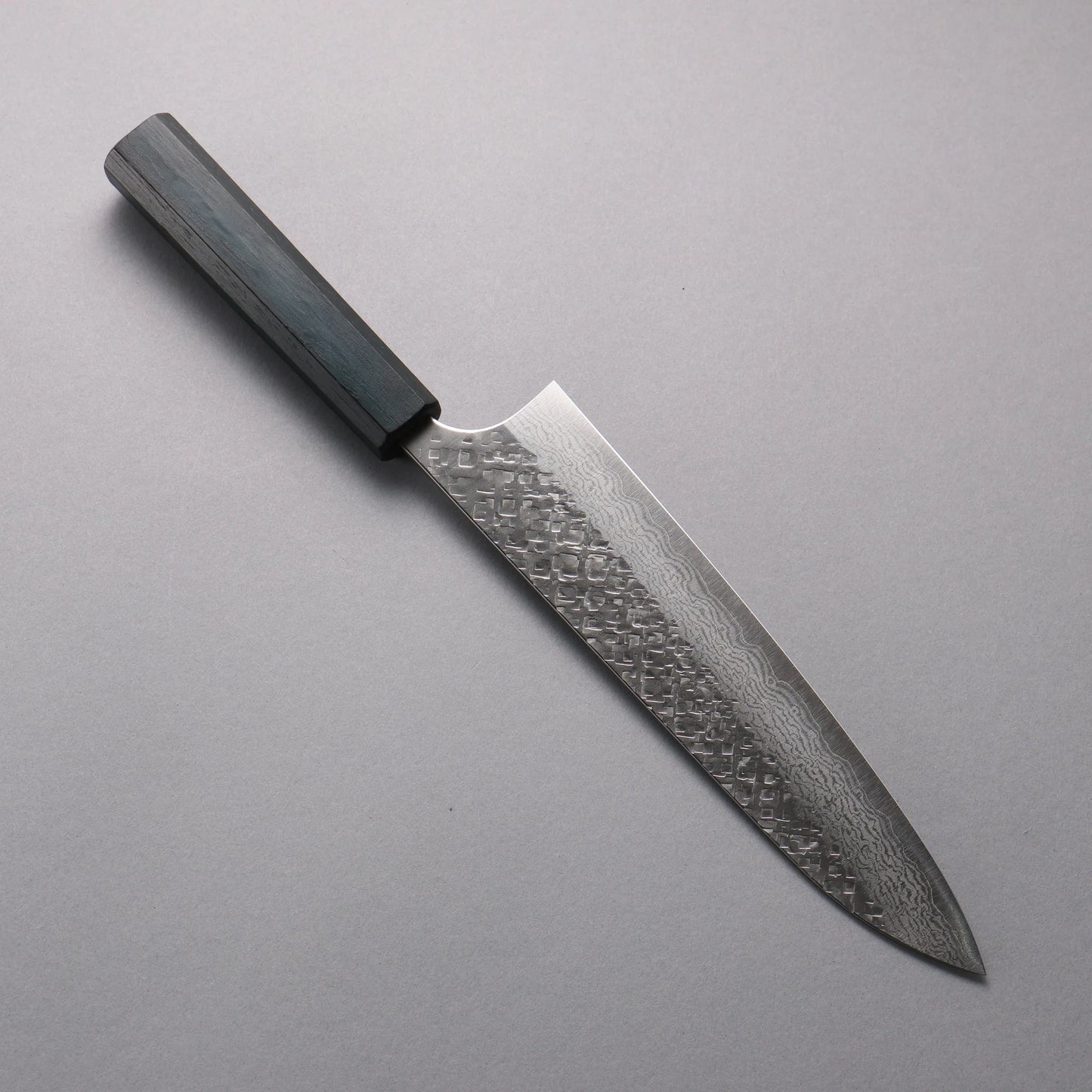 Thương hiệu Yoshimi Kato VG10 Thép Damascus vân búa (sừng) Rèn thủ công (hình tròn) Dao đa năng Gyuto 210mm chuôi dao gỗ sồi (nhuộm chàm)