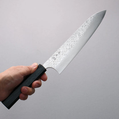 Thương hiệu Yoshimi Kato VG10 Thép Damascus vân búa (sừng) Rèn thủ công (hình tròn) Dao đa năng Gyuto 210mm chuôi dao gỗ sồi (nhuộm chàm)