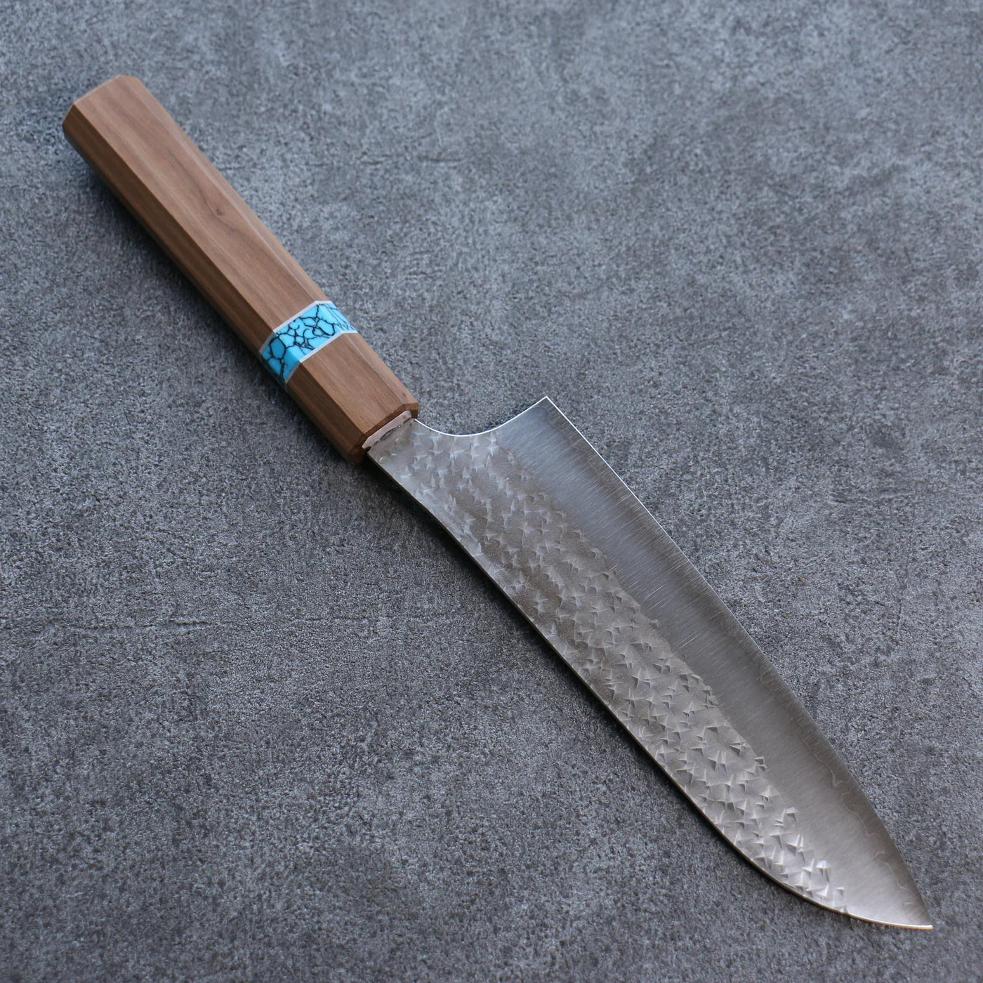 Yu Kurosaki Marke R2/SG2 Stahl Santoku geschmiedetes Messer Japanisches Messer 165 mm Griff aus Walnussholz (Gürtel: Türkis) 