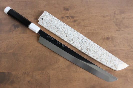 Thương hiệu Sakai Takayuki Đả ảnh Kageuchi Mizumoto yaki Thép trắng No.2 Tráng gương  Dao thái cáshashimi chuyên dụng Yanagiba (cán tròn) dao Nhật 300mm chuôi dao gỗ Mun có đính đôi vòng Trâu nước ( làm từ thép không gỉ cao cấp) Có kèm bao