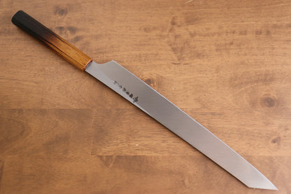 Handgeschmiedetes Yanagiba-Messer Sakai Takayuki schwertförmige Klinge Lotusrosa Flamme „Hien“ blauer Stahl Nr. 2 Kurouchi 300 mm langer Griff aus gebrannter Eiche