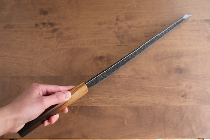 Handgeschmiedetes Yanagiba-Messer Sakai Takayuki schwertförmige Klinge Lotusrosa Flamme „Hien“ blauer Stahl Nr. 2 Kurouchi 300 mm langer Griff aus gebrannter Eiche