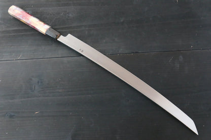 Marke Sakai Takayuki Silberstahl Nr. 3 Hochglanzpoliertes professionelles Takohiki-Fischmesser (runder Griff) Japanisches Messer 390 mm lackierter Griff Inklusive Messerscheide