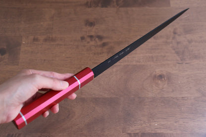 Marke: Sakai Takayuki Black Shadow Kurokage VG10, handgeschmiedet, teflonbeschichtet, spezielles geripptes Messer, japanisches Sujihiki-Messer, 240 mm lackierter Eichengriff (Kouseki)