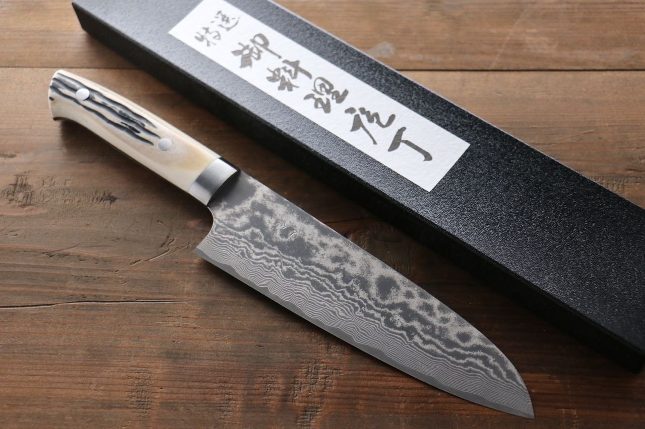 Takeshi Saji VG10 Damascus Black Finish Japanese Chef's Santoku Knife with Bone Handle 180mm - Japanny - Best Japanese Knife