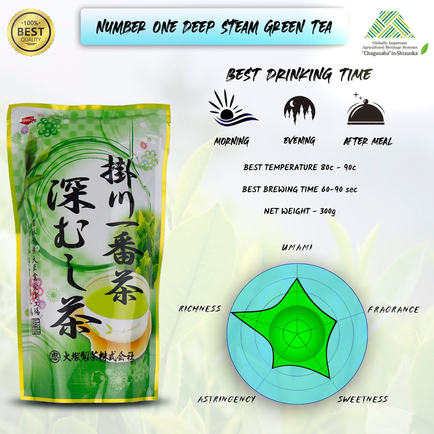 Trà xanh hấp sâu Ichiban trà FUKAMUSHI Gói 300g - 100% Pure Green Tea Imported từ vùng trồng trà Kakegawa, Shizuoka, Nhật Bản - Trà xanh hấp sâu của công ty Otsuka Green Tea Co., Ltd