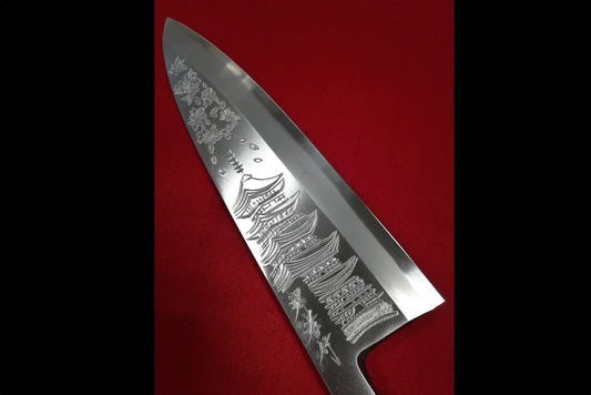 Thương hiệu Sakai Takayuki Kasumitogi Thép trắng Chạm khắc hình Chùa 5 gian Dao làm cá chuyên dụng Deba dao Nhật