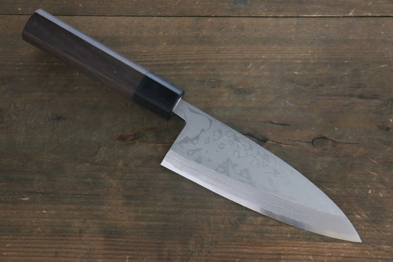 Hideo Kitaoka Marke Nr. 2 weißer Stahl Damaststahl Spezialisiertes Fischmesser Deba Japanisches Messer 150 mm Sandelholzgriff 