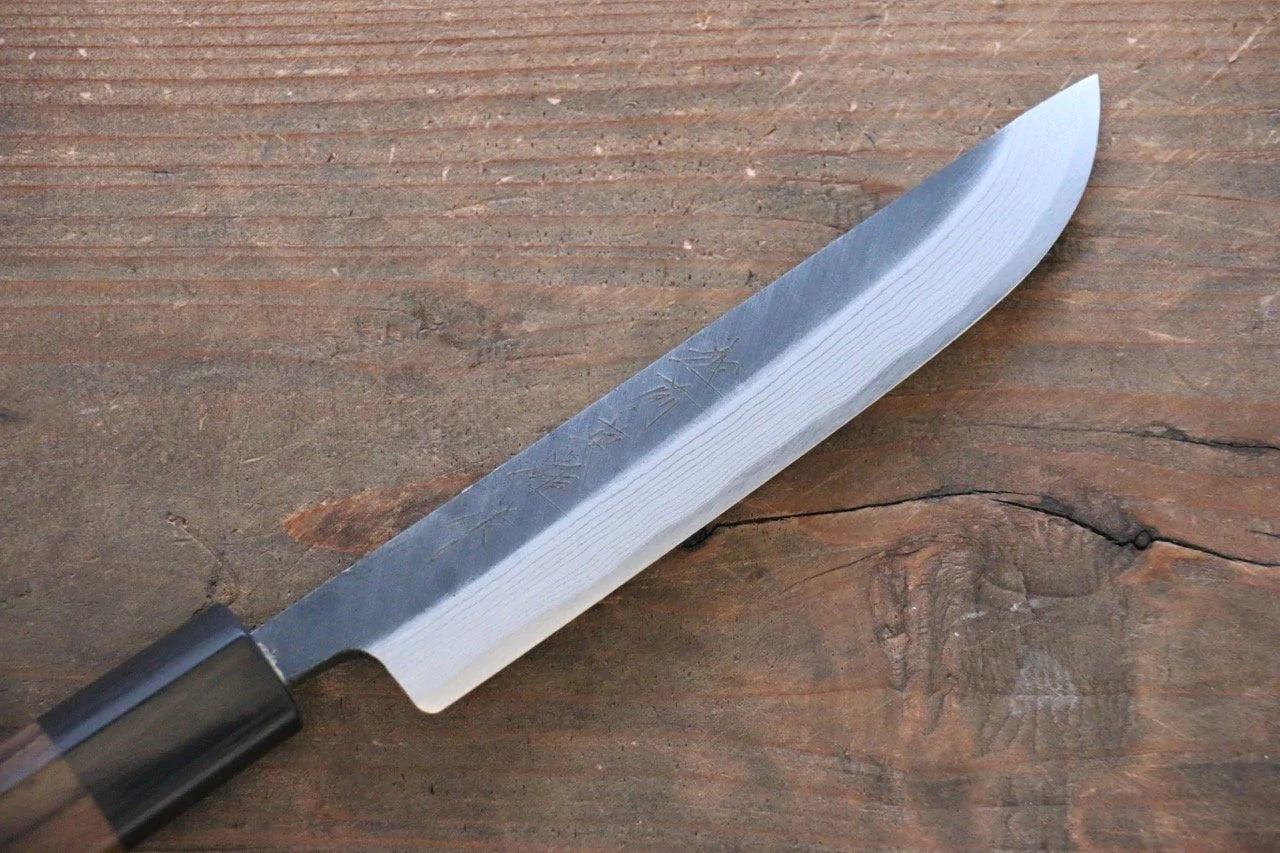 Marke Hideo Kitaoka. Weißer Stahl Nr. 2. Damaststahl. Matsuba-Messer. Japanisches Messer. 125 mm Griff aus Sandelholz