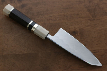 Jikko-Marke Blauer Stahl Spezialisiertes Fischmesser Deba Japanisches Messer 120 mm Ebenholzgriff mit Ringen auf beiden Seiten 