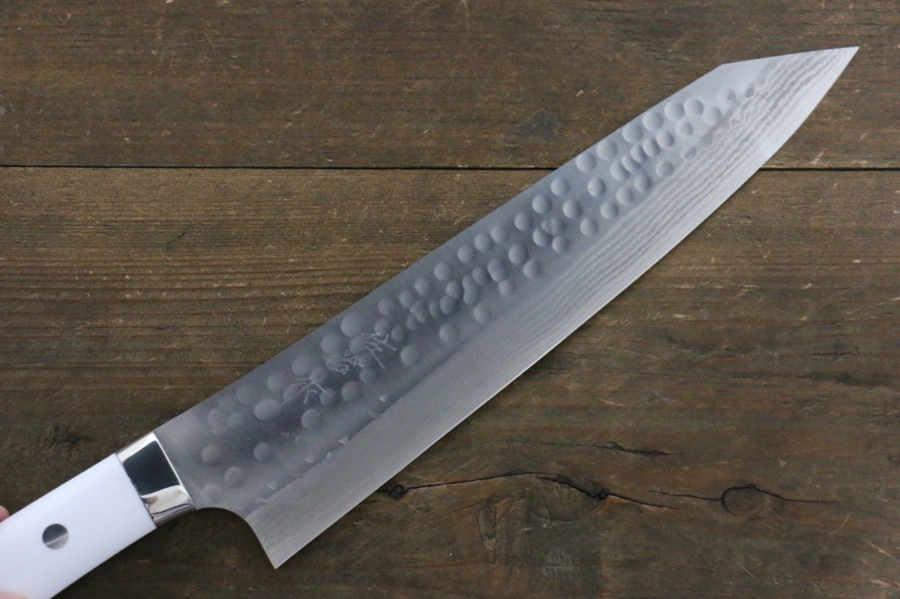 Takeshi Saji SRS13 Hammered Damascus Kengata Gyuto Japanese Knife 240mm White Stone Handle - Japanny - Best Japanese Knife