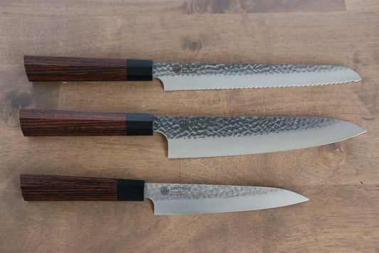 Bộ dao bếp Nhật cao cấp - Thương hiệu Seki Kanetsugu Gỗ được mài nhẵn 7 cạnh thép VG2 dao rèn thủ công Bộ dao bếp hoàn hảo dao đa năng Gyuto 210mm, dao cắt bánh mì 220mm và dao nhỏ Petty dao Nhật 160mm