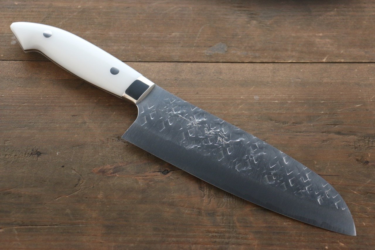 Takeshi Saji SRS13 Hammered Santoku Japanese Chef Knife 180mm with White Stone Handle - Japanny - Best Japanese Knife