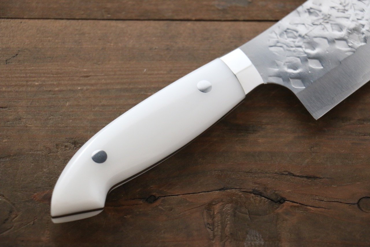 Takeshi Saji SRS13 Hammered Santoku Japanese Chef Knife 180mm with White Stone Handle - Japanny - Best Japanese Knife