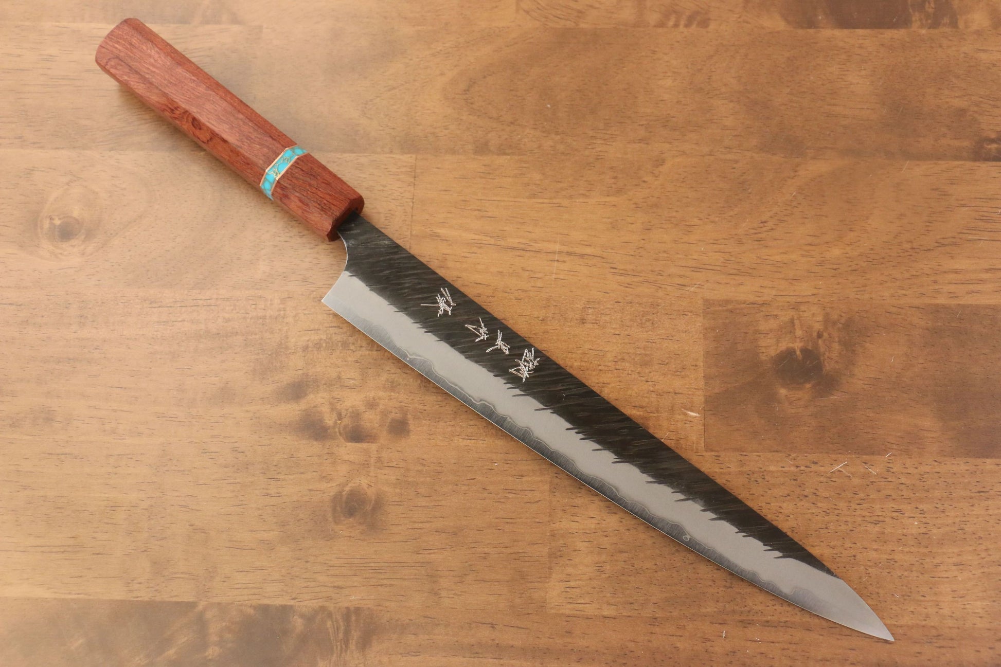 Yu Kurosaki Fujin Blue Super Hammered Sujihiki Japanese Knife 270mm Maple(With turquoise ring Brown) Handle - Japanny - Best Japanese Knife