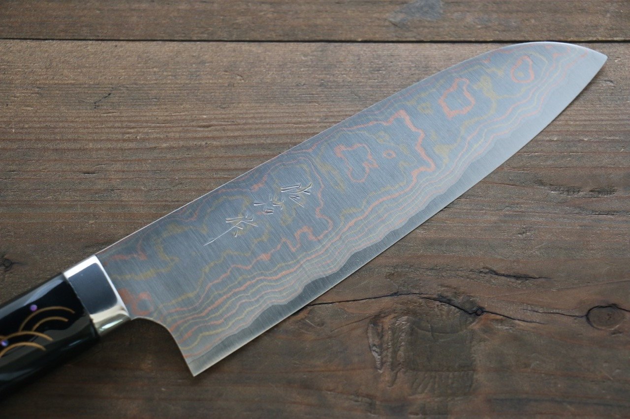 Takeshi Saji Colored Damascus Santoku Japanese Chef Knife 180mm with Maki-e Art Fish - Japanny - Best Japanese Knife