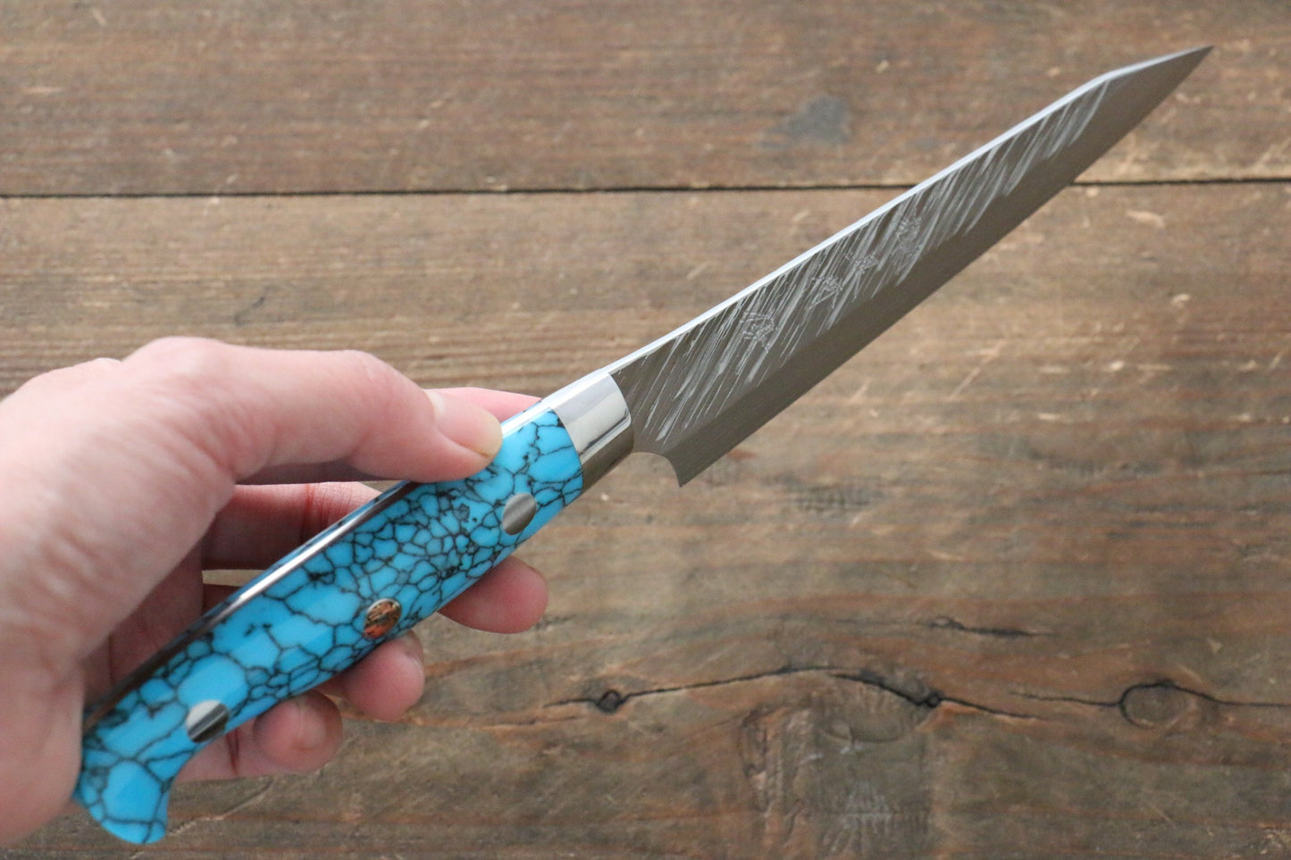 Yu Kurosaki Fujin SPG2 Hammered Damascus Petty-Utility Japanese Knife 130mm Turquoise - Japanny - Best Japanese Knife