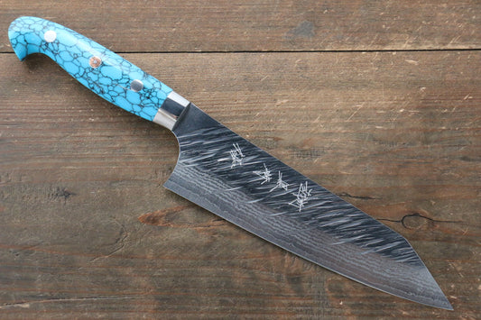 Yu Kurosaki Fujin SPG2 Hammered Damascus Bunka Japanese Knife 165mm Turquoise Handle - Japanny - Best Japanese Knife