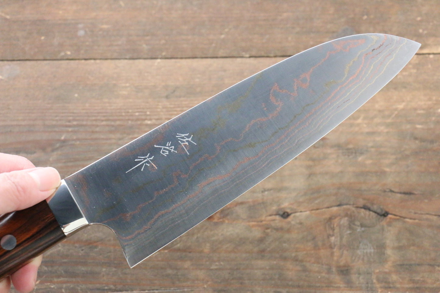 Takeshi Saji Blue Steel No.2 Colored Damascus Santoku Japanese Knife 180mm with Ironwood Handle - Japanny - Best Japanese Knife