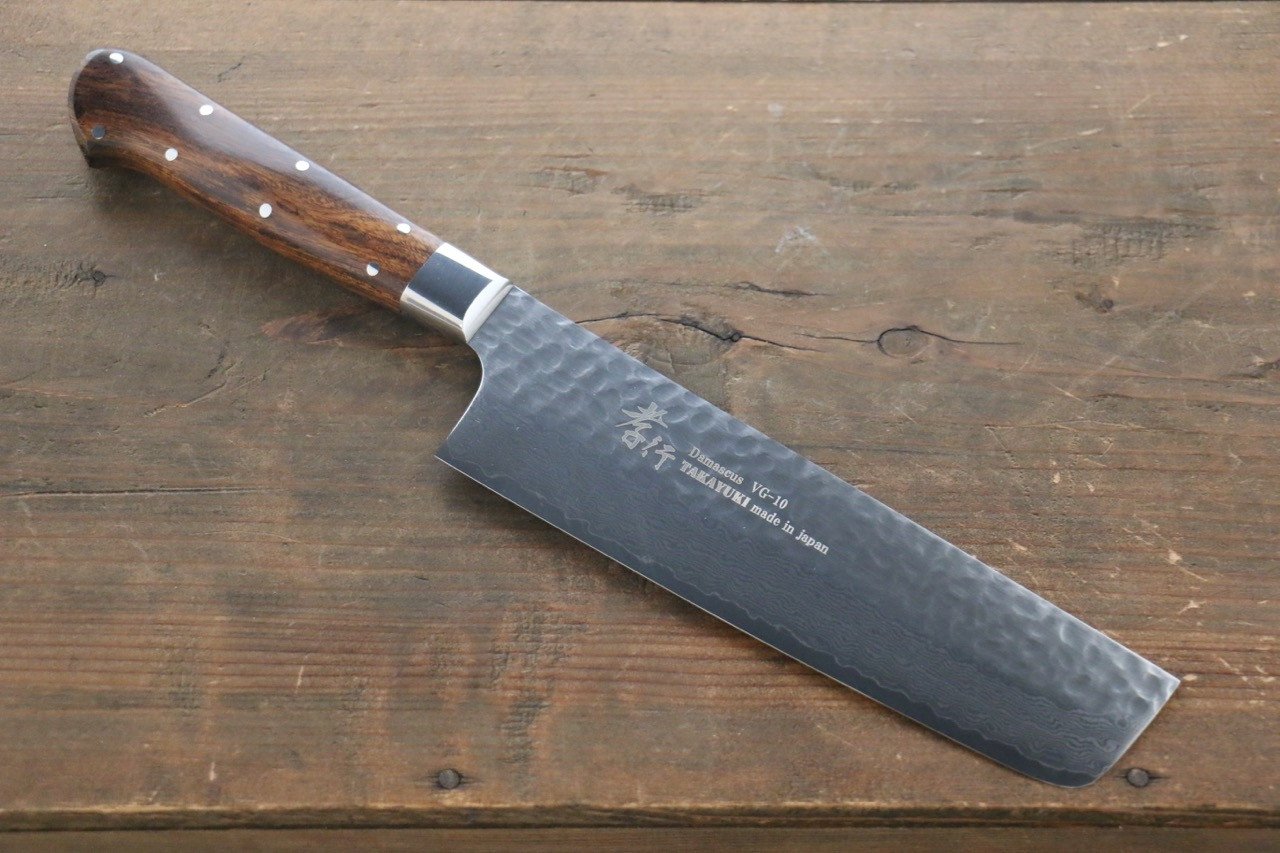 Sakai Takayuki 33 Layer Damascus VG10 Nakiri Japanese Chef Knife 160mm with Desert Iron Wood - Japanny - Best Japanese Knife